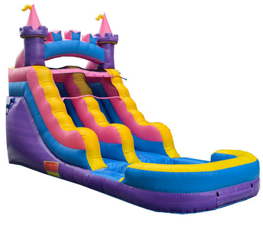 Colorful inflatable water slide with castle design on a white background