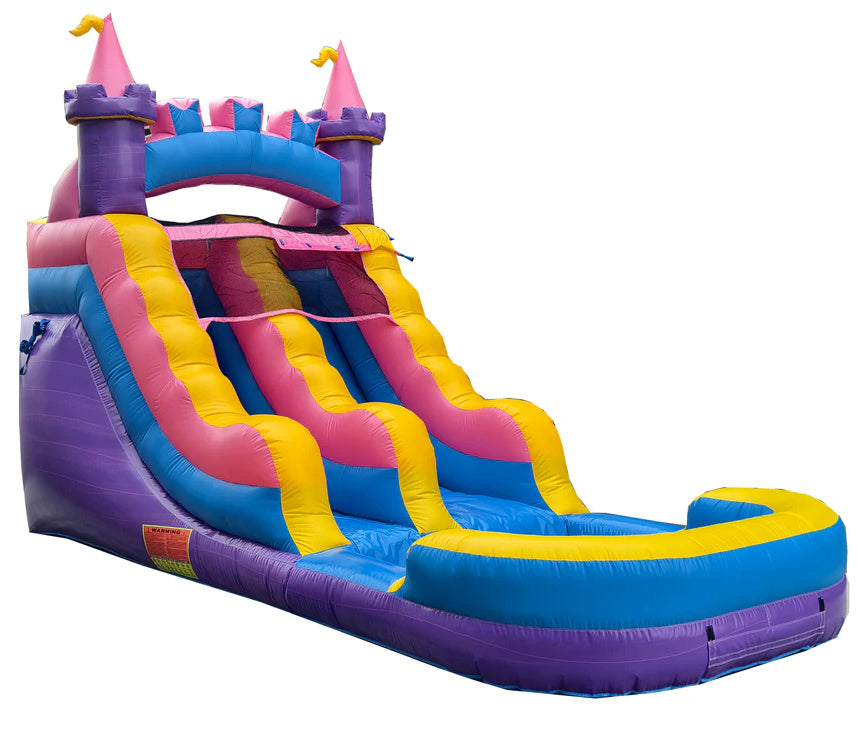 Colorful inflatable water slide with castle design on a white background