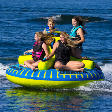 Obrien Pillar 4 Towable Tube with people on it