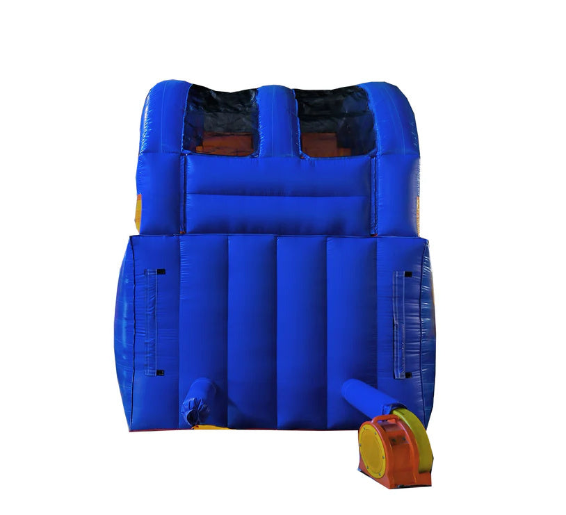 Blue inflatable slide back view