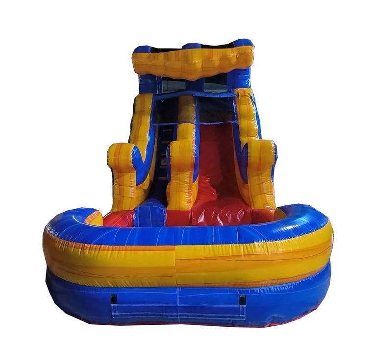 Inflatable water slide with blue and yellow colors front view