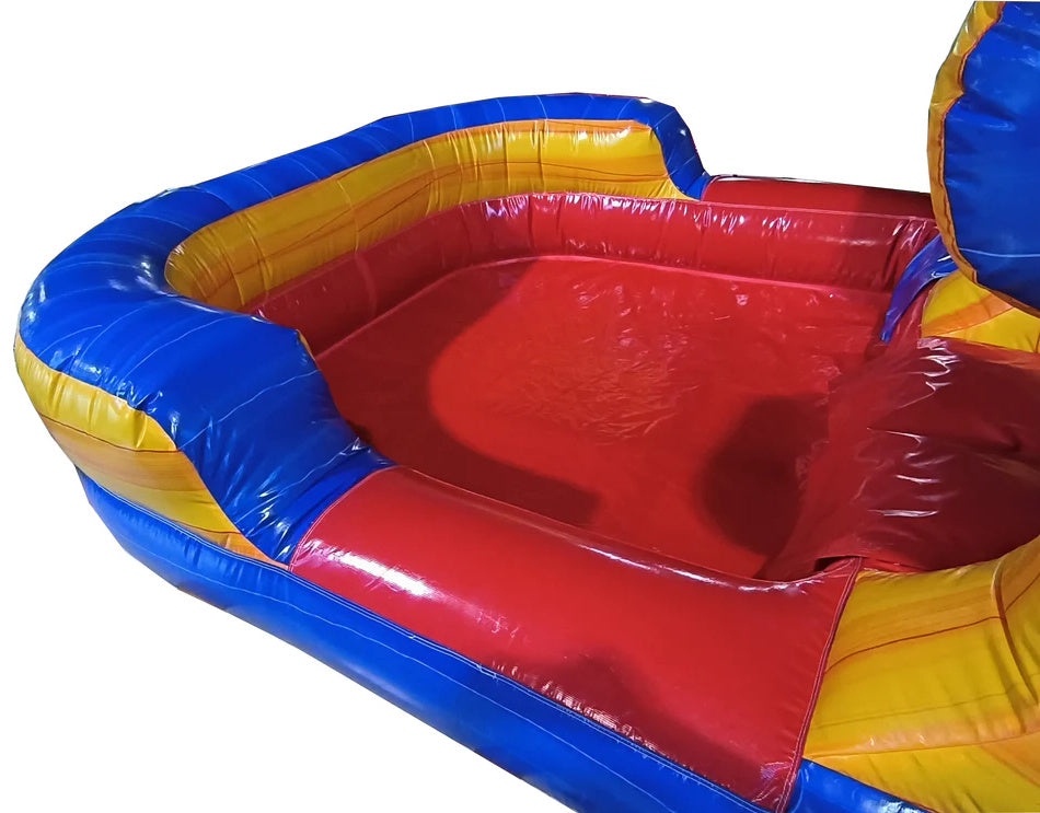 Colorful inflatable pool with blue, yellow, and red sections