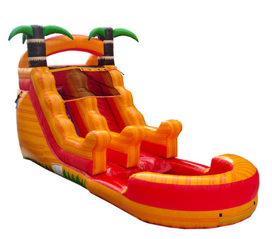 Inflatable water slide with tropical design on a white background
