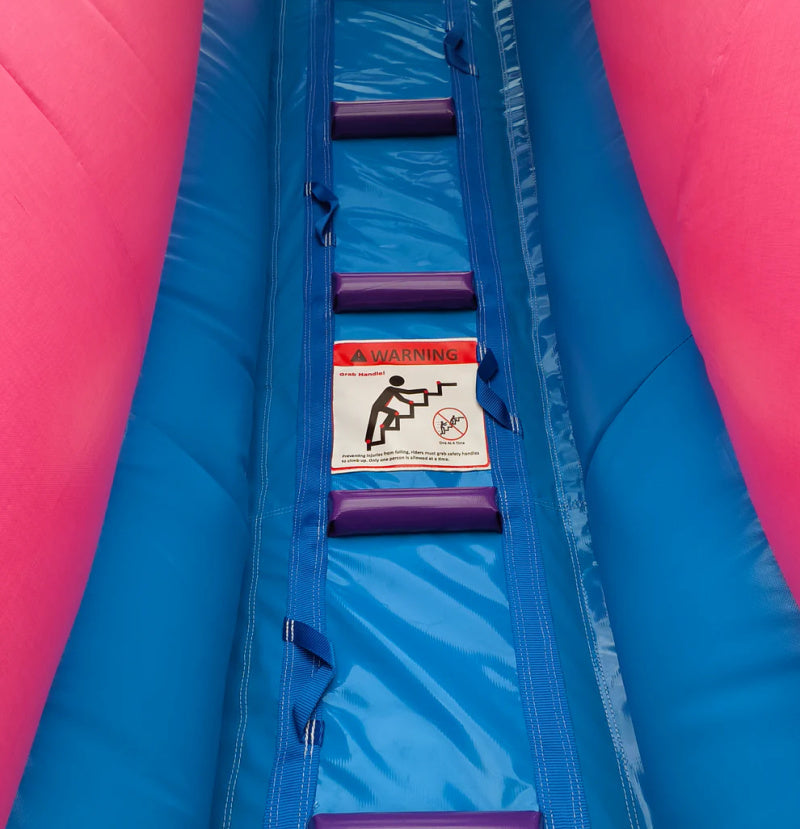 Waterslide steps and warning label