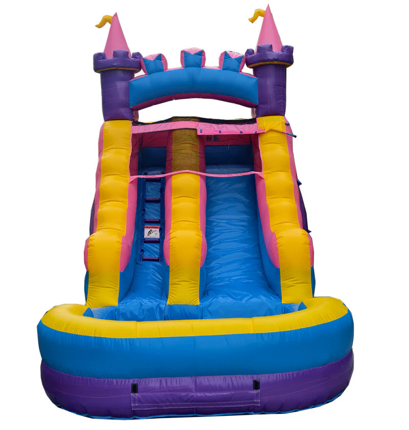 Colorful inflatable slide with castle design on a white background