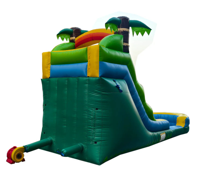 Colorful inflatable slide with tropical design on a white background- back view