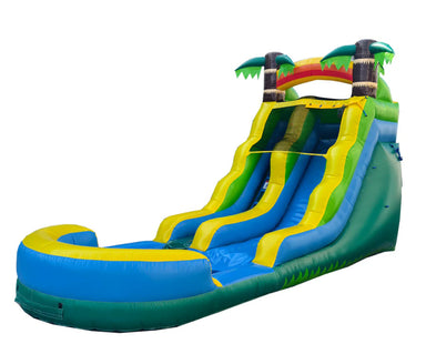 Colorful inflatable water slide with tropical design on a white background