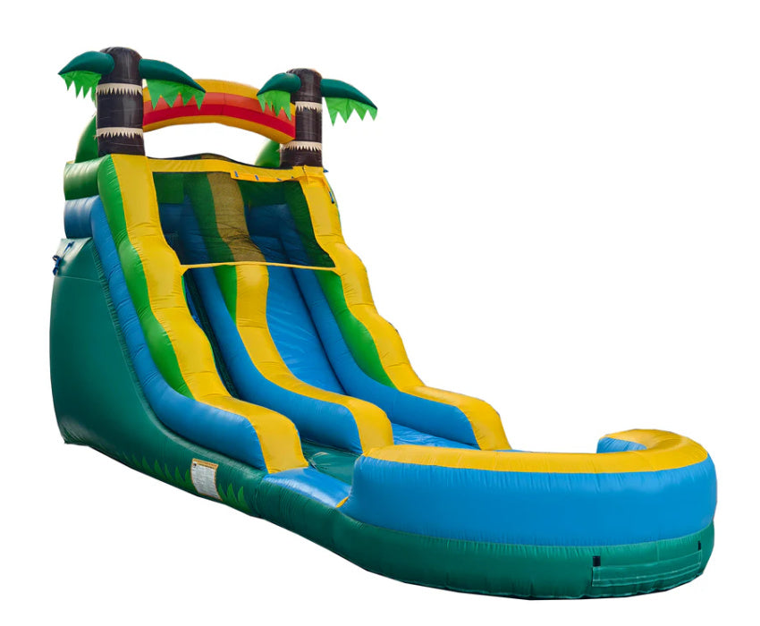 Colorful inflatable water slide with palm tree decorations on a white background