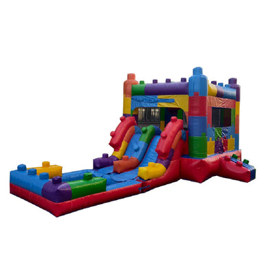 Colorful inflatable bounce house with slide on a white background