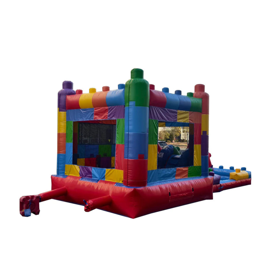 Colorful inflatable bounce house on a white background