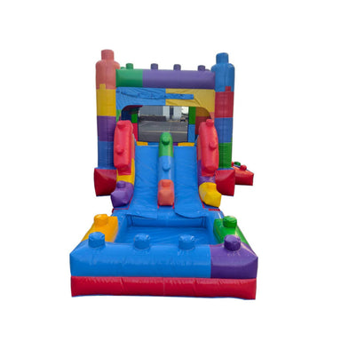 Colorful inflatable bounce house with slide on a white background