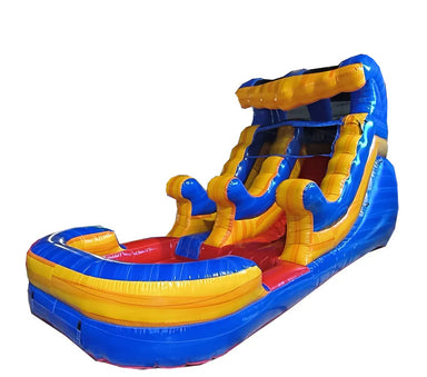 Colorful inflatable water slide with blue and yellow accents on a white background