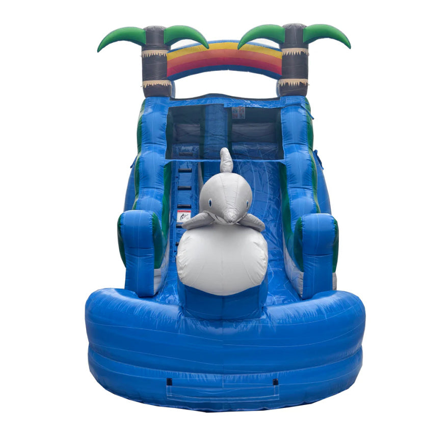 Blue inflatable water slide with a dolphin design on a white background, front view
