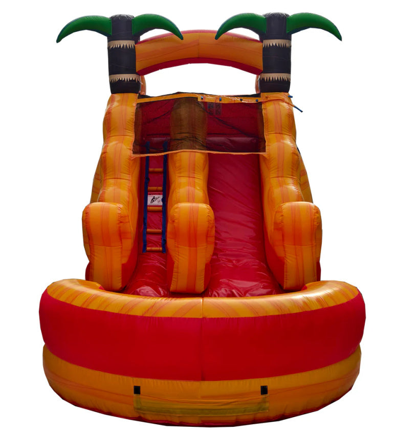 Inflatable slide with palm tree design on a white background, front view