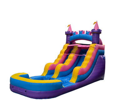 Colorful inflatable water slide with castle design on a white background