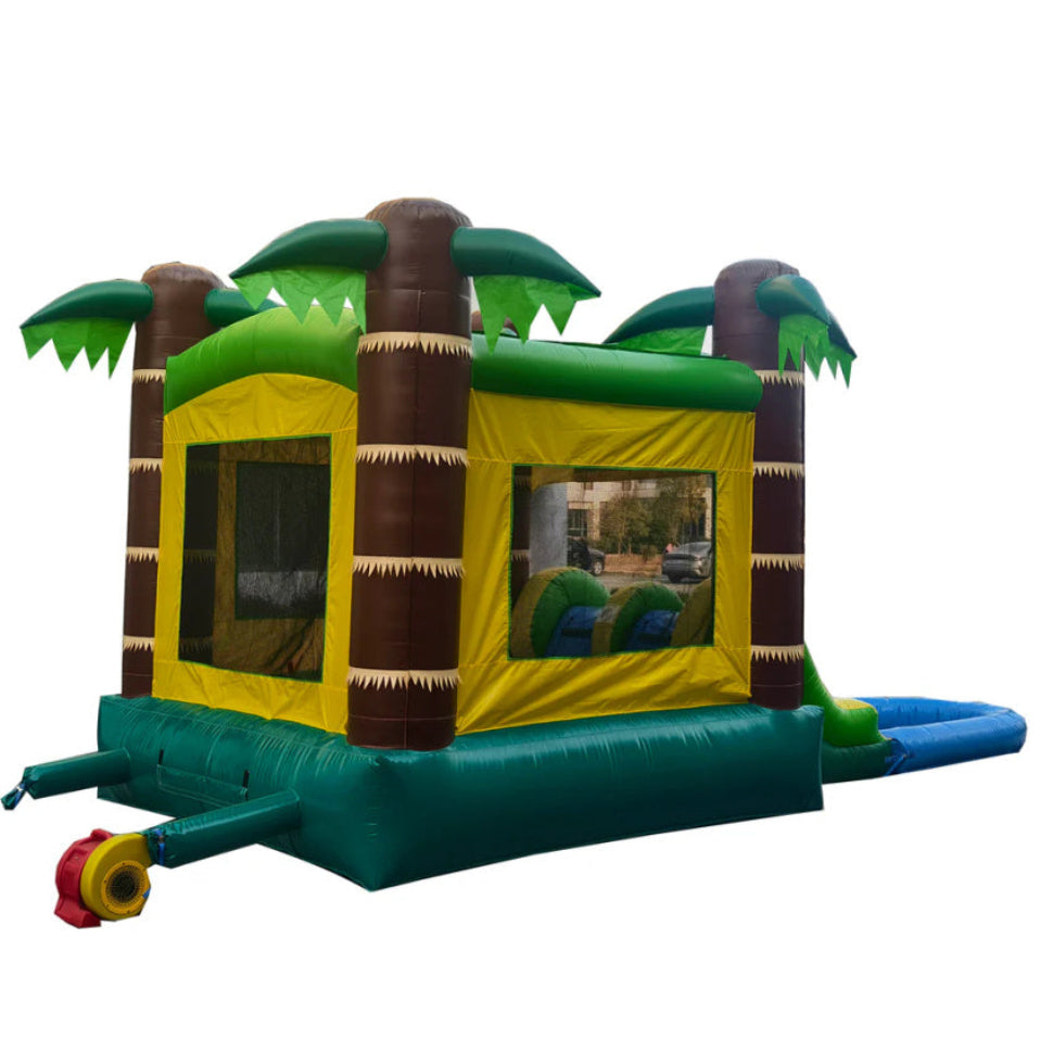 Colorful inflatable bounce house with palm tree design on a white background-- back view