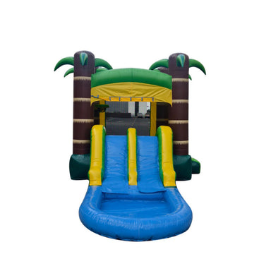 Inflatable slide with palm tree design on a white background