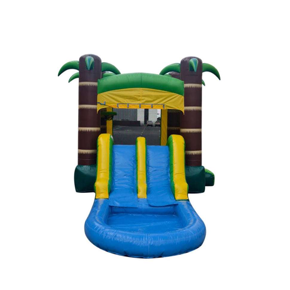 Inflatable slide with palm tree design on a white background