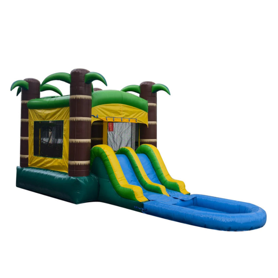 Inflatable water slide with palm tree design on a white background -- Side view