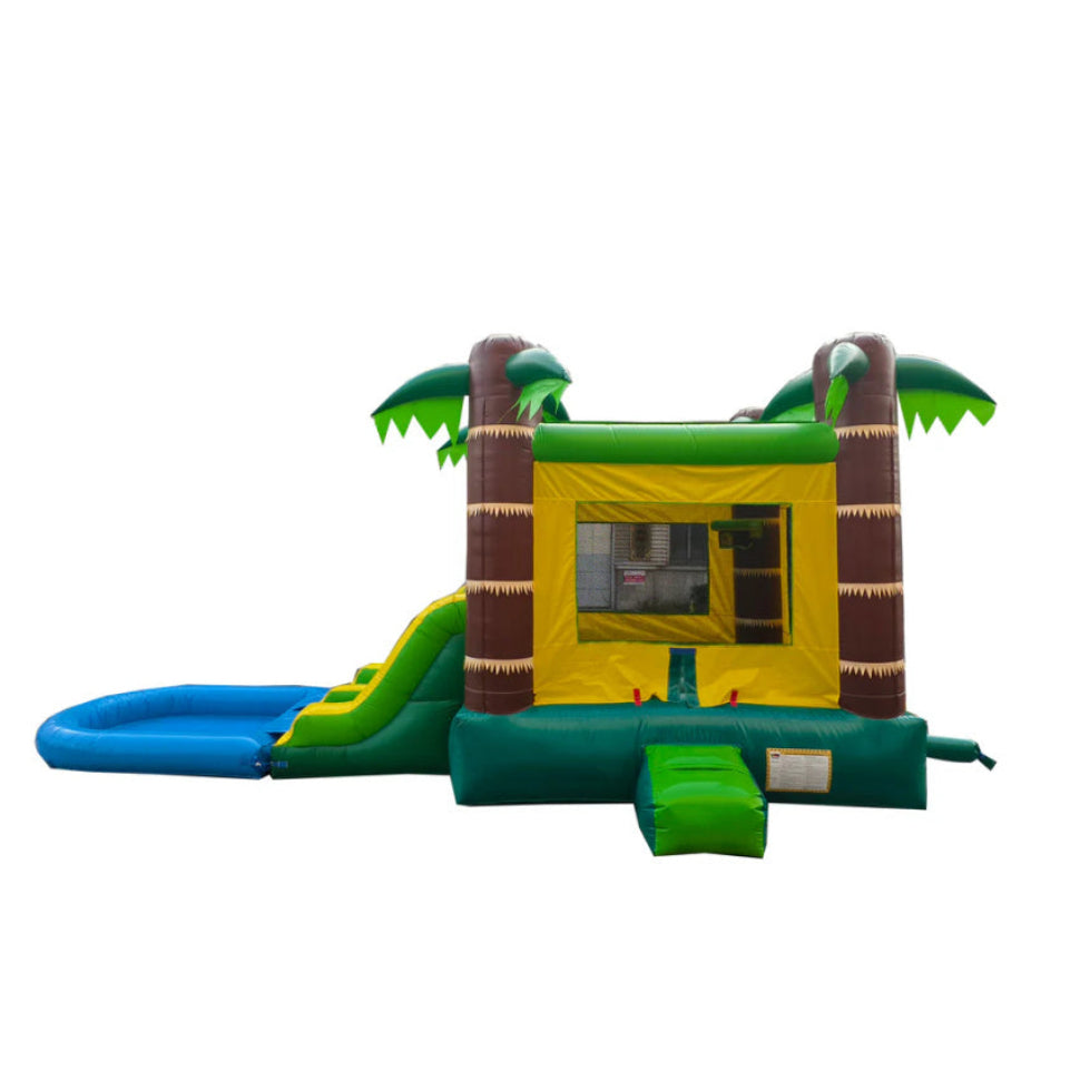 Inflatable jungle-themed bounce house with slide on a white background