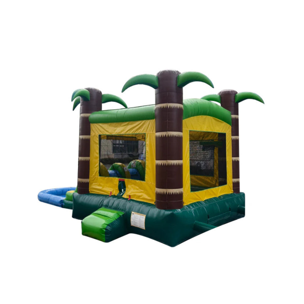 Inflatable bounce house with palm tree design on a white background