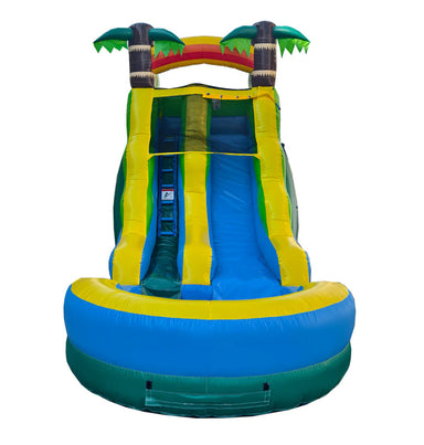 Colorful inflatable water slide with tropical design on a white background- front view