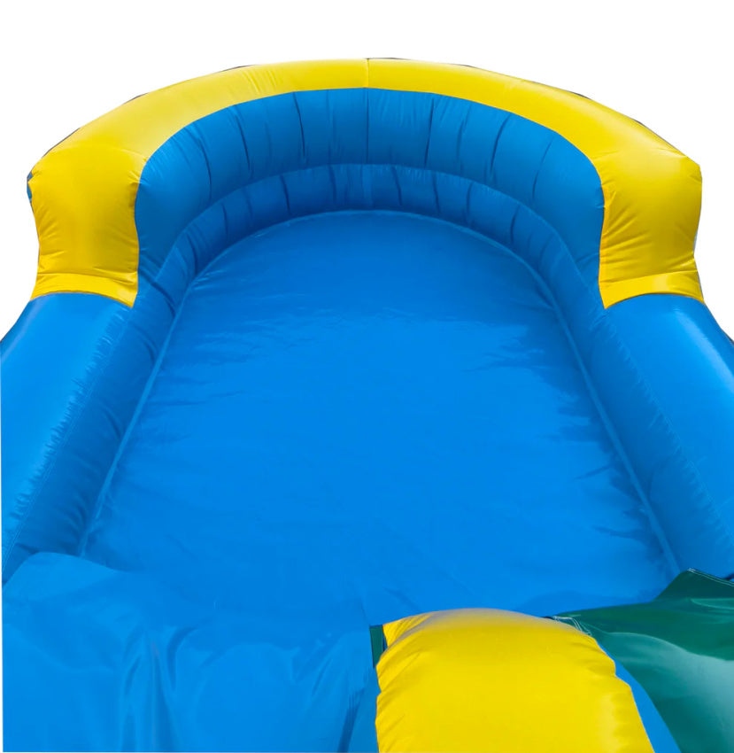 Blue inflatable pool with yellow edges on a white background