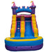 Colorful inflatable slide with castle design on a white background