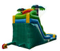 Colorful inflatable slide with tropical design on a white background- back view