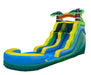 Colorful inflatable water slide with tropical design on a white background