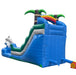Inflatable water slide with tropical design on a white background, back view