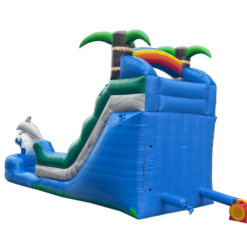 Inflatable water slide with tropical design on a white background, back view
