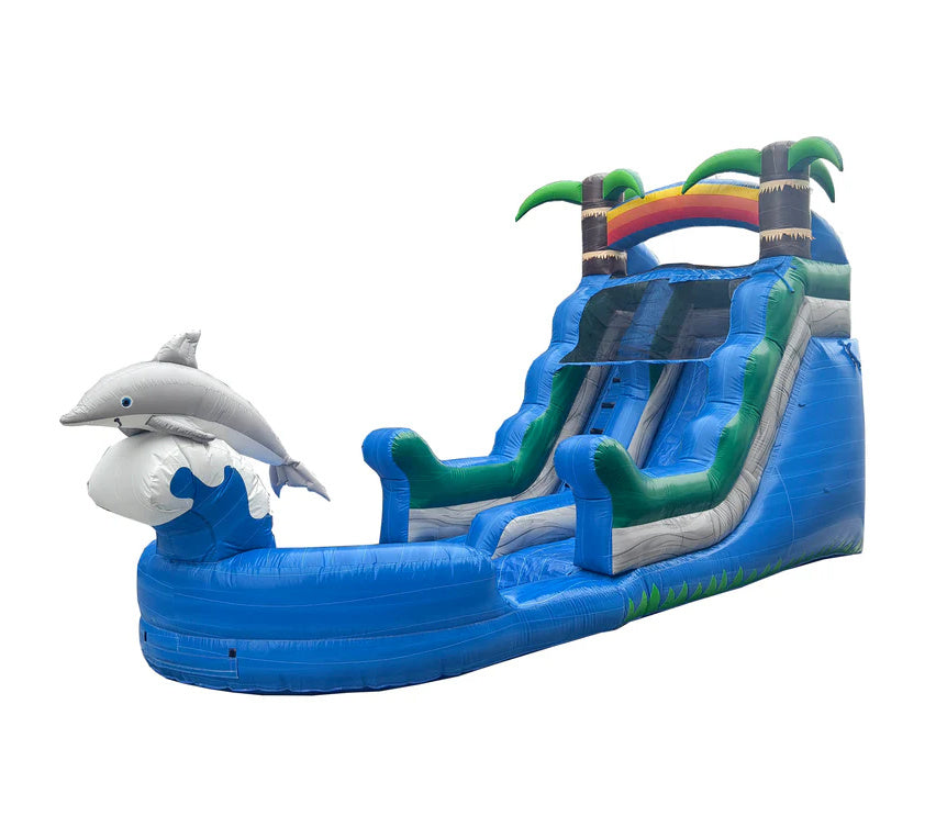 Inflatable water slide with a dolphin and tropical elements on a white background