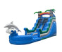 Inflatable water slide with a dolphin and tropical elements on a white background