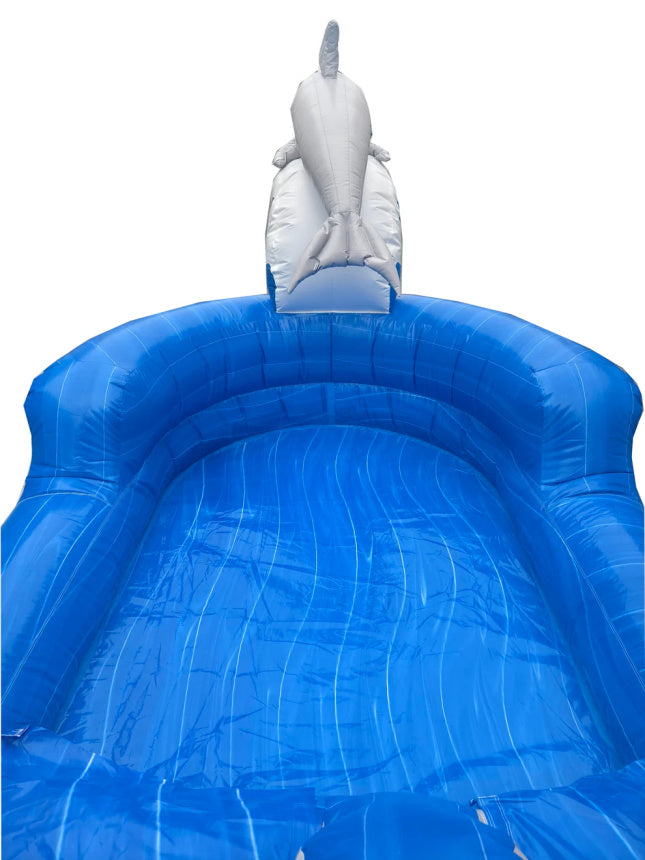Blue inflatable pool with a white dolphin-shaped float on a white background