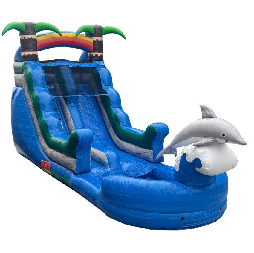 Inflatable water slide with a dolphin design on a white background