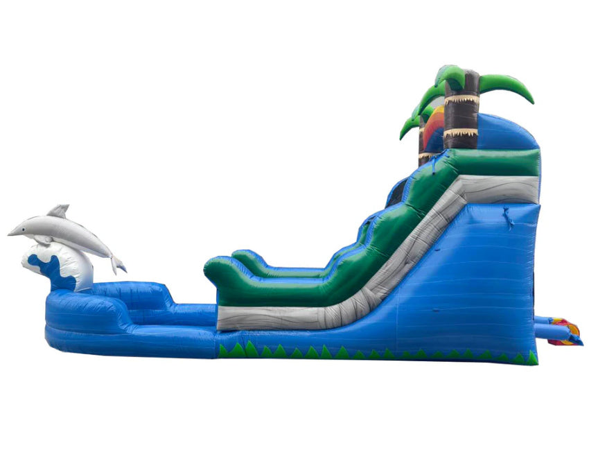 Inflatable water slide with tropical design and dolphin, side view