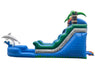 Inflatable water slide with tropical design and dolphin, side view