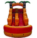 Inflatable slide with palm tree design on a white background, front view