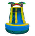 Colorful inflatable water slide with tropical design on a white background- front view